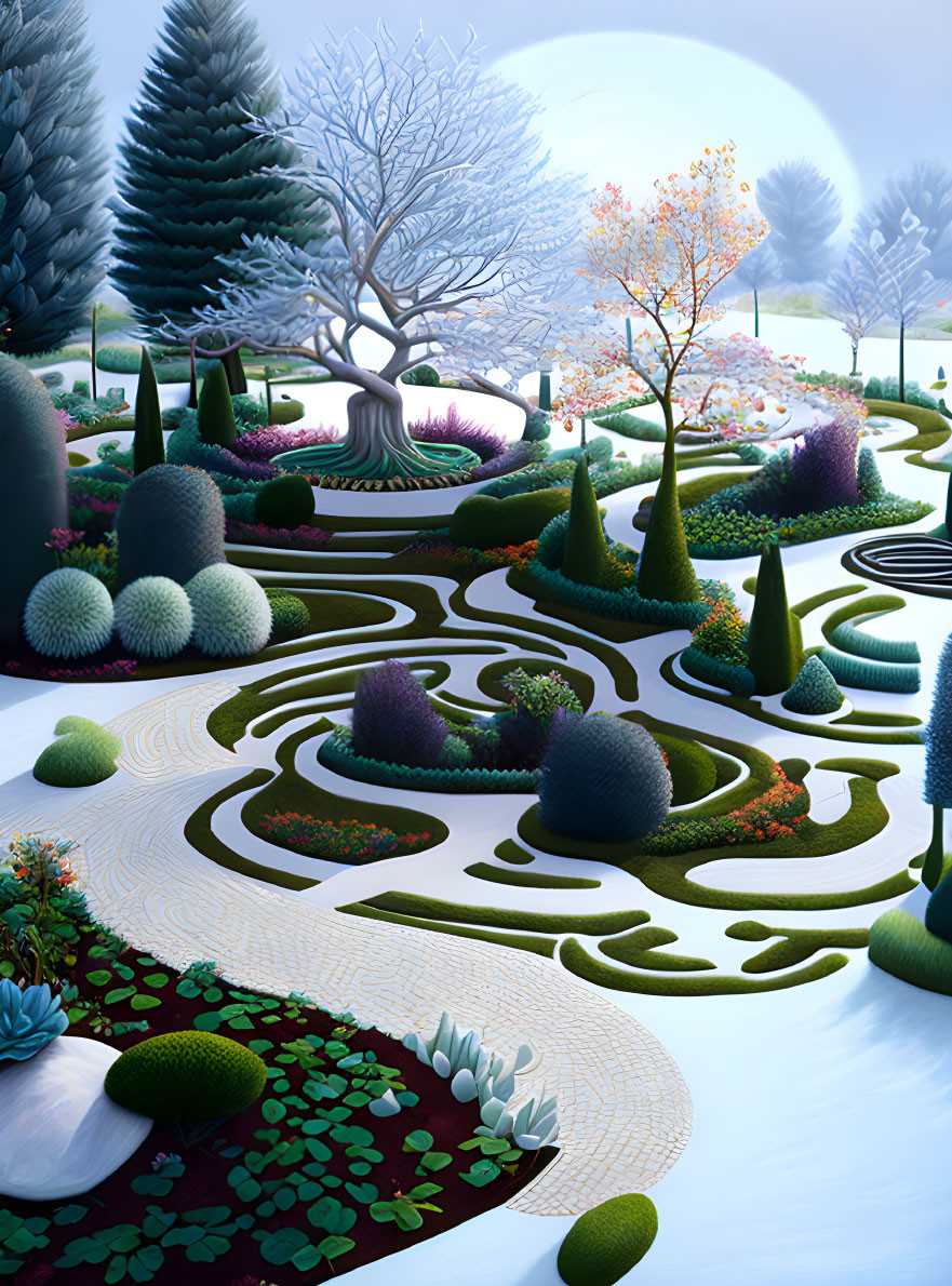 Detailed digital artwork of a serene misty garden landscape