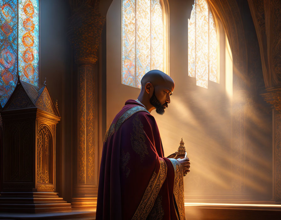 Bearded figure in purple cloak in church with stained glass windows