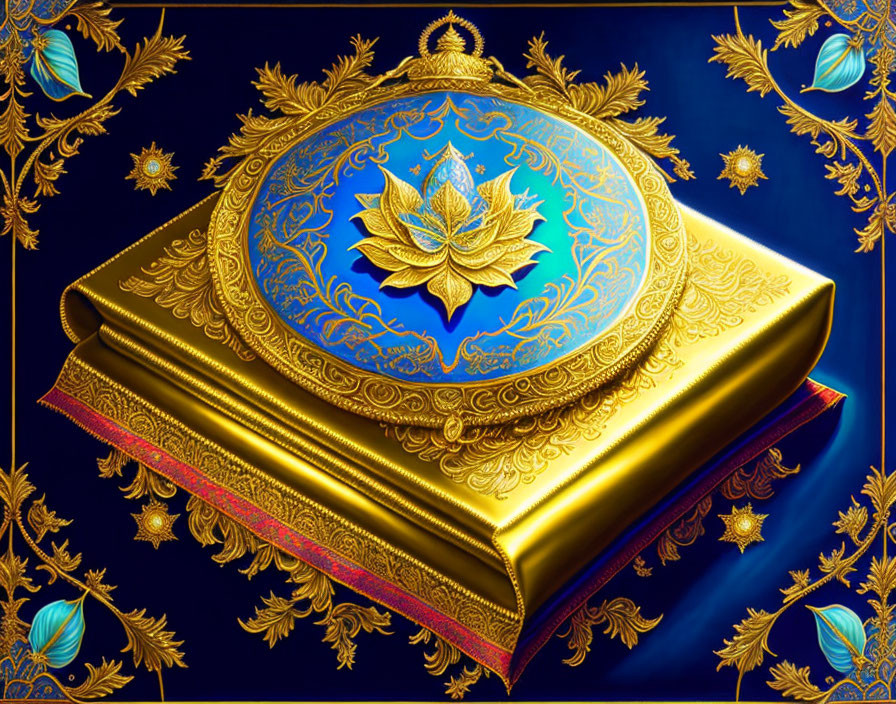 Ornate Golden Book with Embossed Details and Lotus Gem on Dark Blue Background