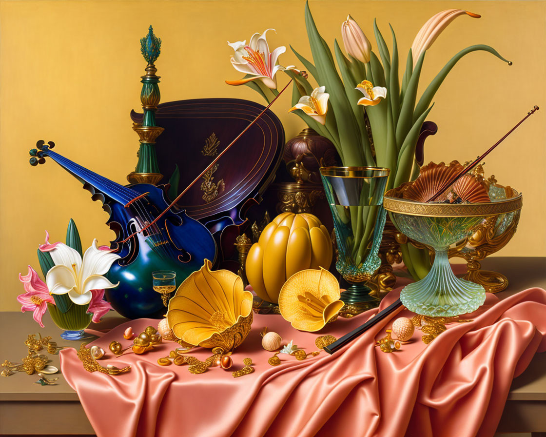 Blue Violin, Flowers, Vases, and Golden Objects in Still Life Painting