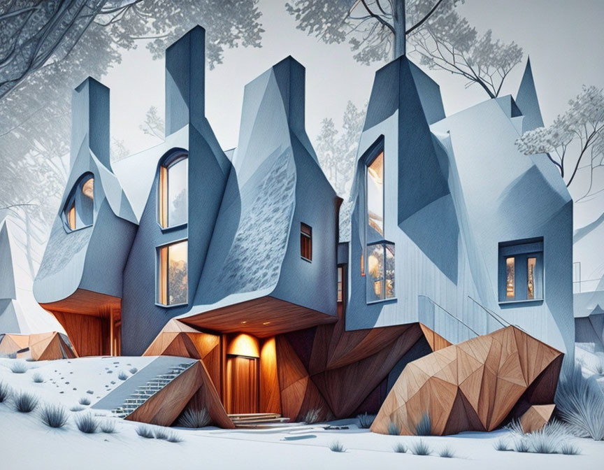 Modern geometric house with multiple peaks in snowy forest landscape