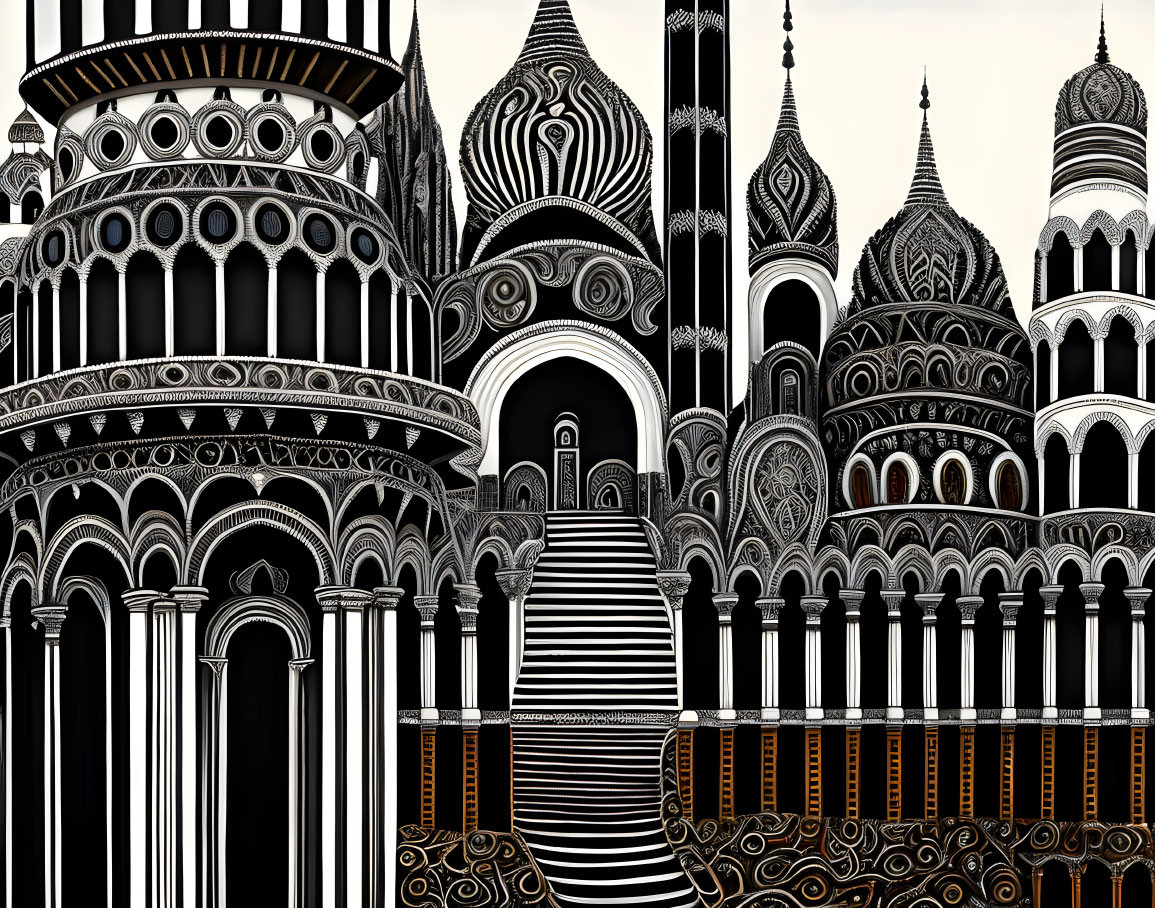 Monochromatic illustration of ornate architectural fantasy with domes and arches