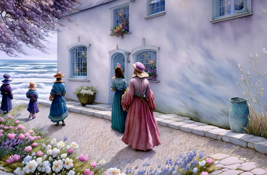 Historical scene: Three women and a child near blooming cottage garden