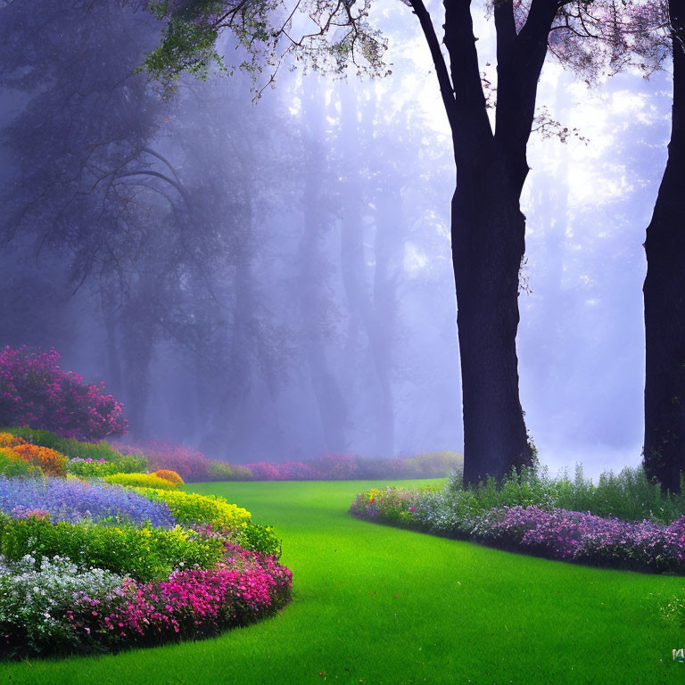 Tranquil garden with vibrant flowers, lush grass, towering trees, mist, soft sunlight