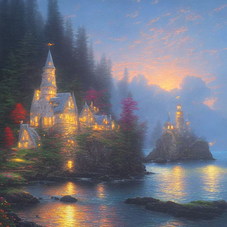 Stone cottage and tower on forested islet at dusk with pastel sky