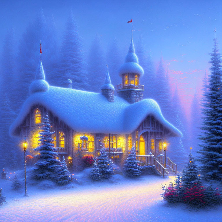 Snow-covered cottage in twilight surrounded by frosty pines.