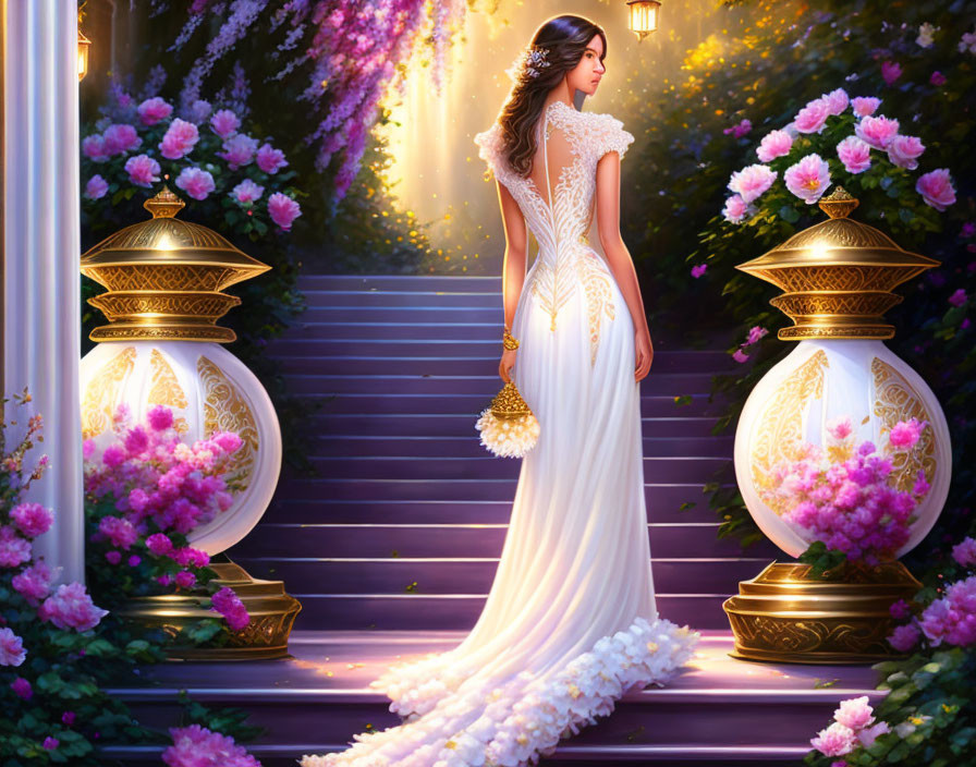 Woman in elegant white gown descending outdoor steps with golden lanterns and pink flowers.