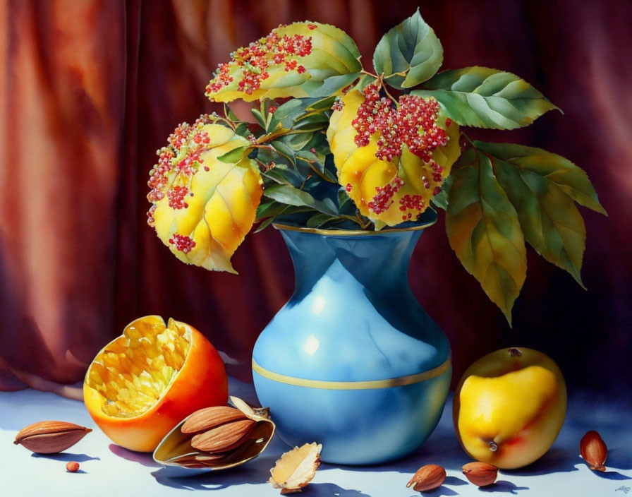 Blue vase, yellow flowers, orange, apple, almonds in still life painting.