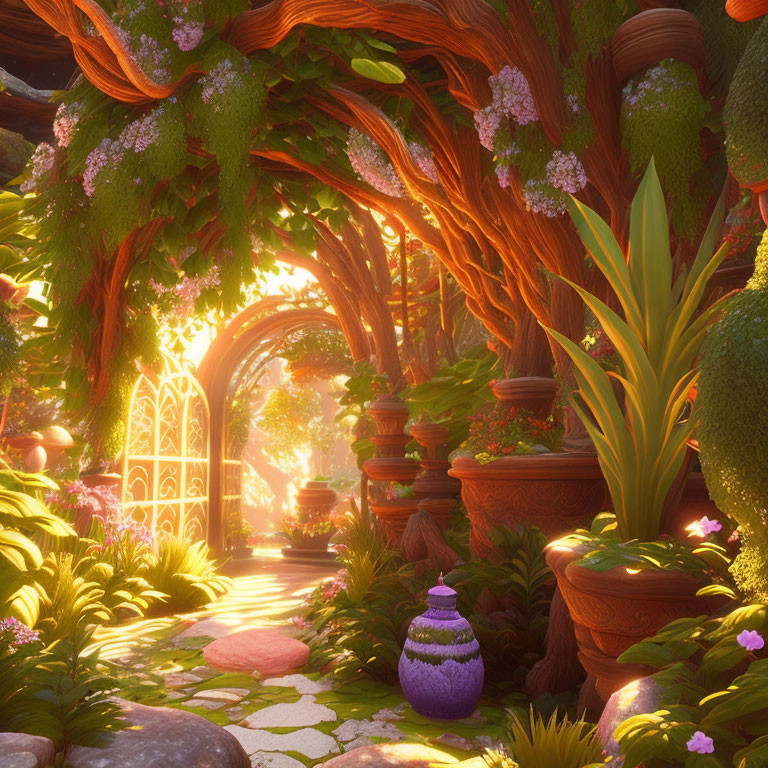 Lush Greenery and Glowing Arched Gateway in Enchanted Garden