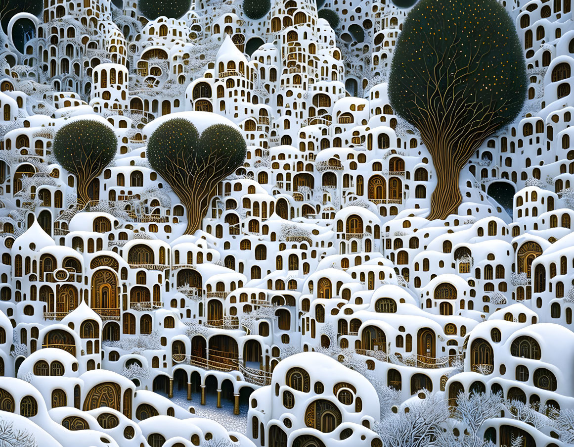 Snow-covered landscape with whimsical buildings and trees in a magical winter village