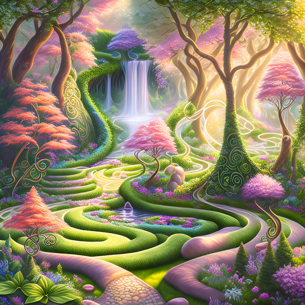 Colorful Trees and Waterfall in Mystical Landscape