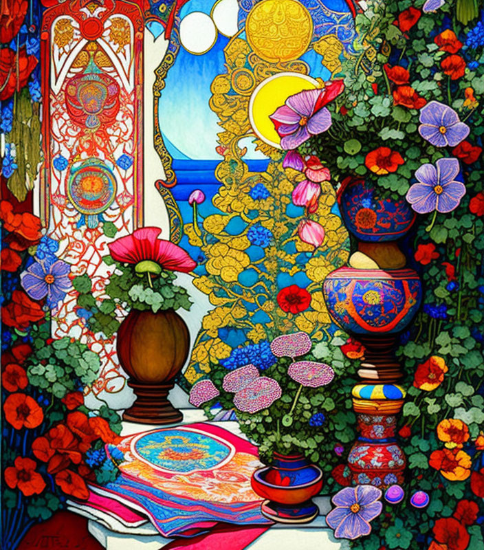 Colorful flowers, ornate vases, and crescent moon in vibrant illustration