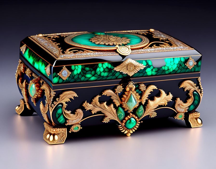 Emerald Green and Gold Detailed Jewelry Box with Jewels and Metalwork