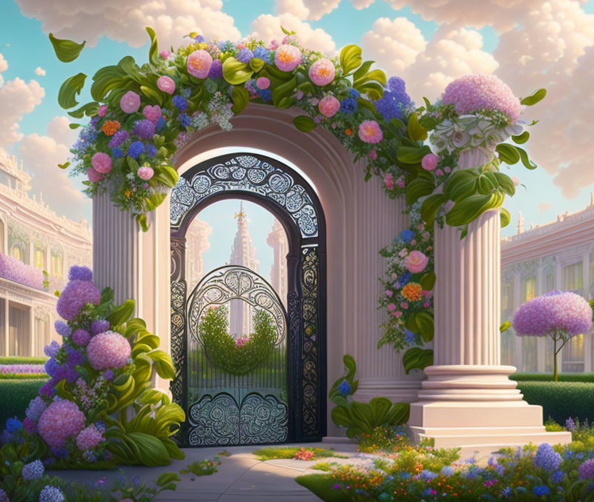 Ornate gate with lush flowers leading to fairytale castle in serene garden