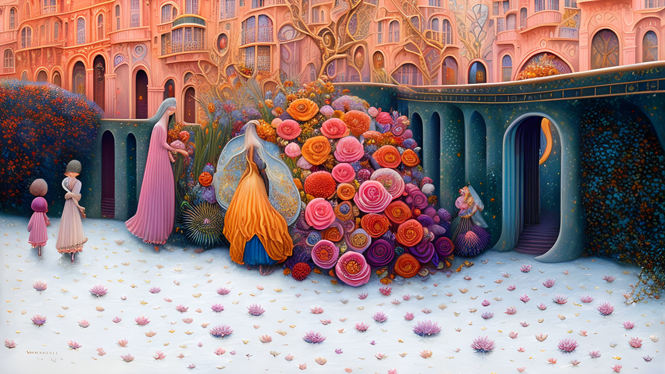 Whimsical illustration of people in elegant attire among vibrant, oversized flowers