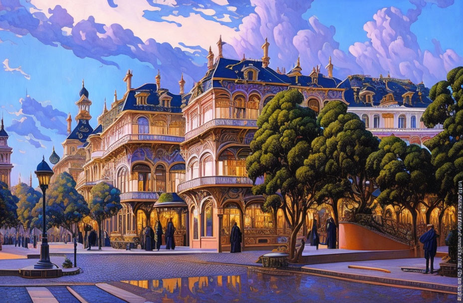 Vibrant street scene with ornate buildings, lush trees, and people under a blue dusk sky