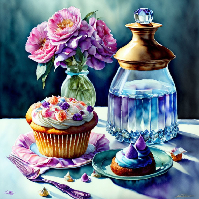 Colorful Still Life Painting with Cupcake, Flowers, and Perfume Bottle