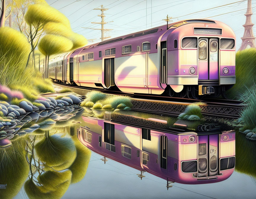 Purple commuter train reflected in water in surreal landscape