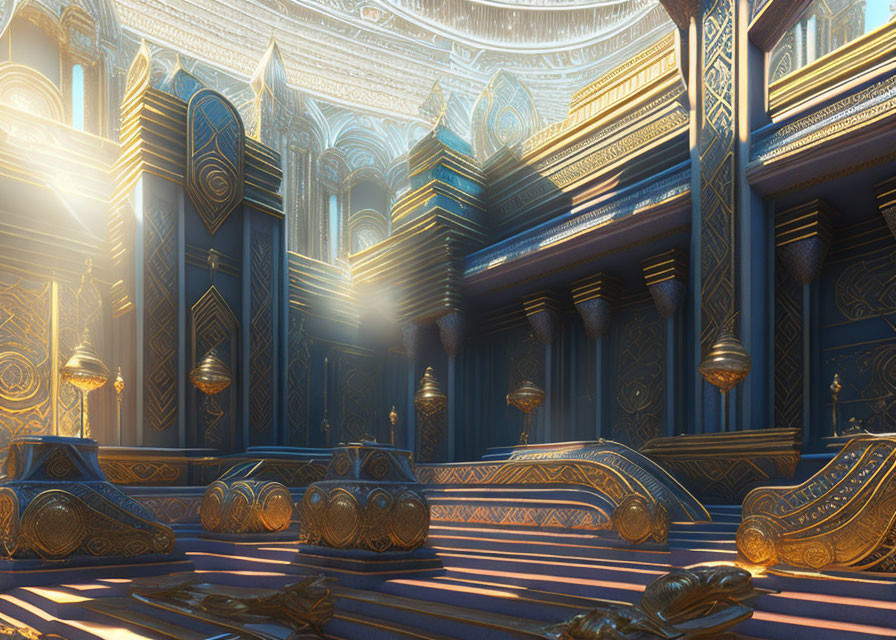 Elaborate Golden-lit Interior with Blue Columns and Sun Rays