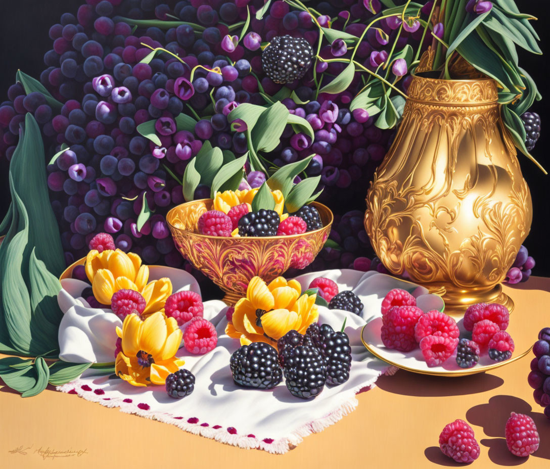 Ripe berries, golden vessels, lush greenery on draped cloth