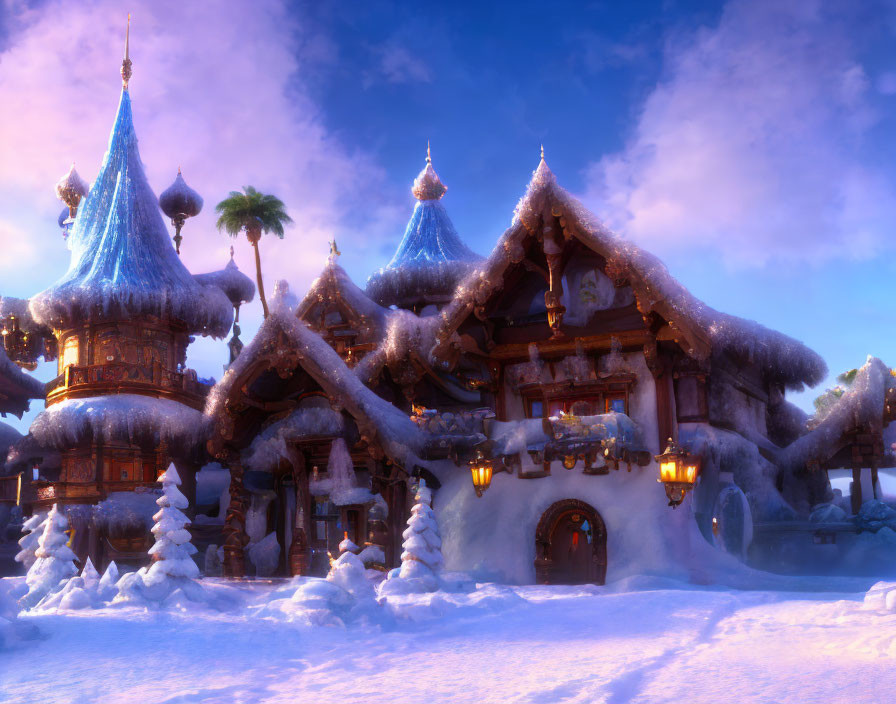 Snow-covered whimsical cottage in enchanted winter scene