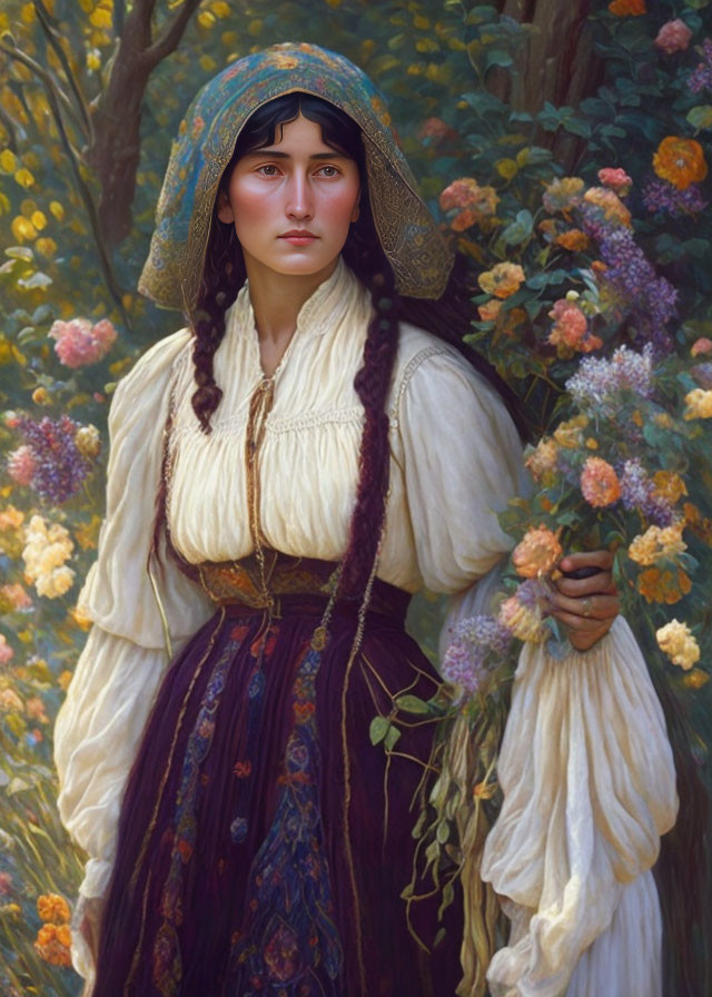 Traditional Attire Woman Surrounded by Flowers and Shawl