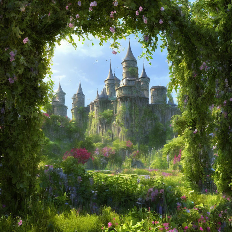 Castle surrounded by lush greenery and blooming flowers under a leafy archway.