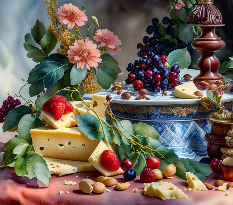 Classic still life with cheese, strawberries, almonds, grapes, and flowers on table.