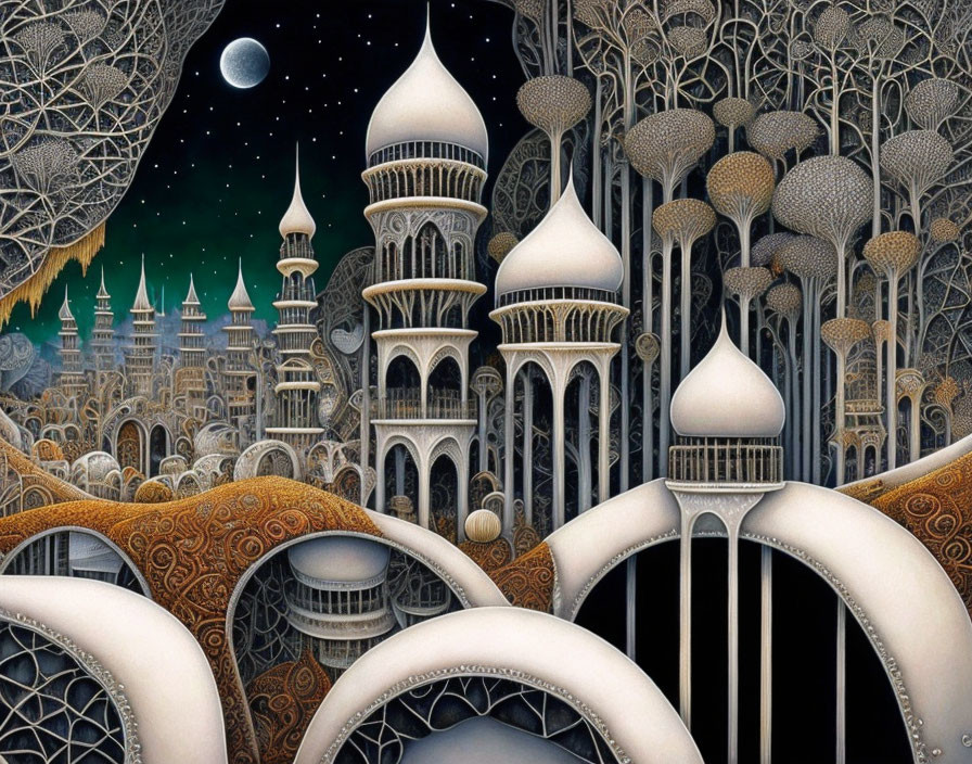 Intricate fantasy cityscape with ornate towers and tree-like structures