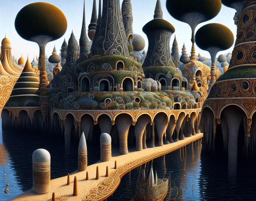 Fantastical landscape with ornate mushroom-like structures and reflective water.