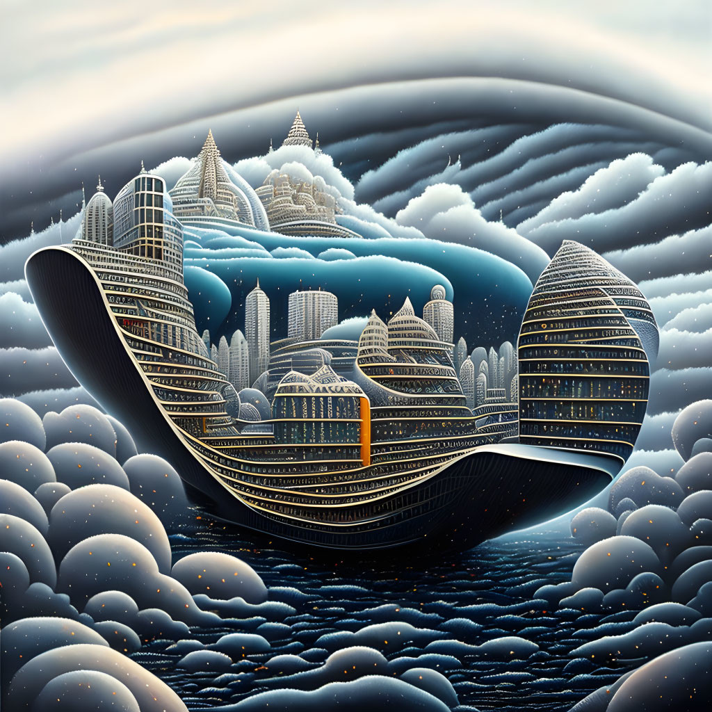 Futuristic floating cities above swirling clouds in surreal illustration