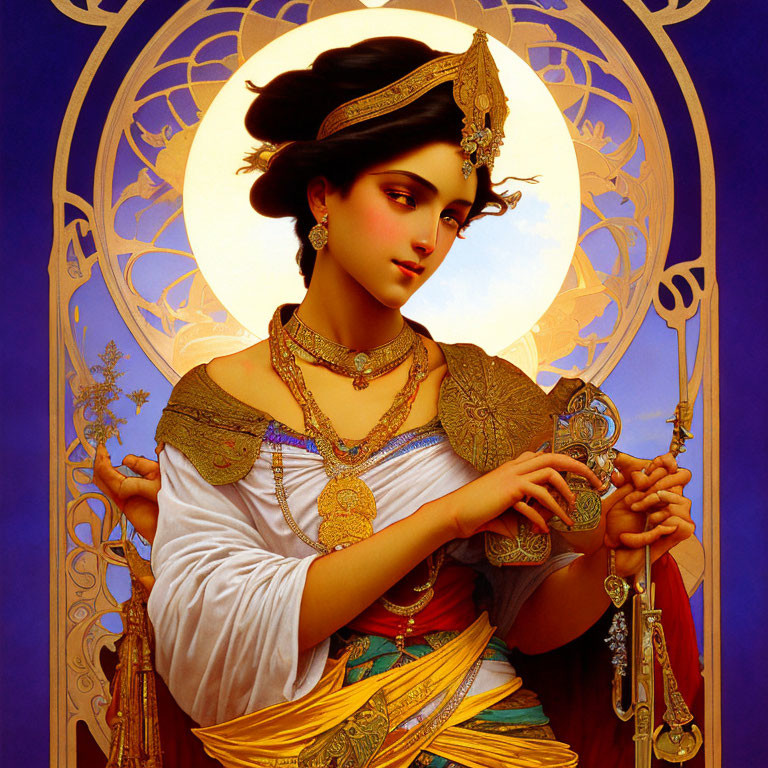 Historical attire woman with jewelry and scepter on glowing backdrop.