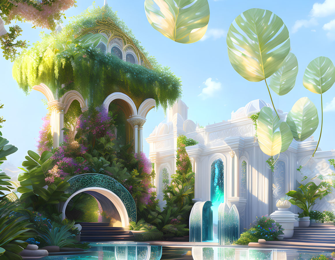 Enchanted palace in lush garden with arches and waterfalls