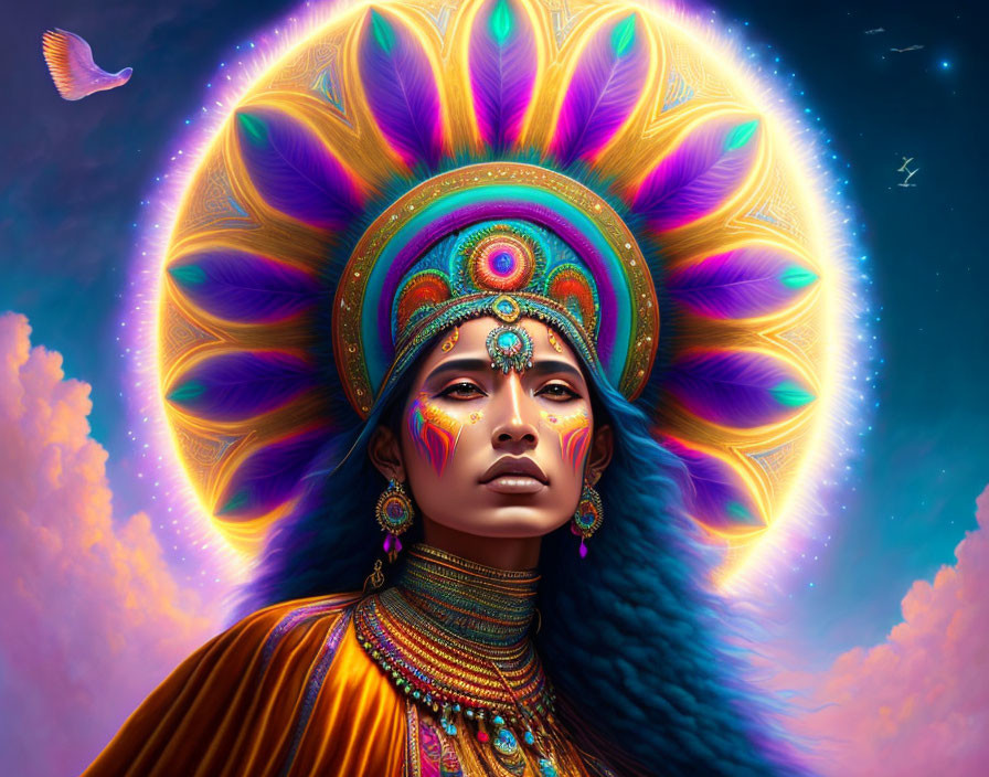 Colorful person with intricate headdress in indigenous style against purple sky