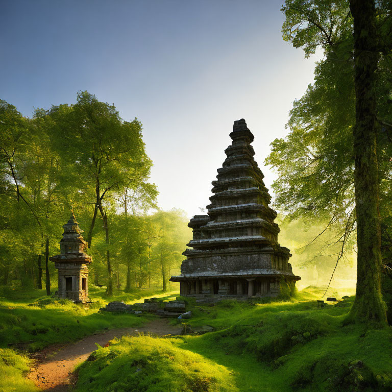 Stone temples in lush forest with sunlight filtering through trees