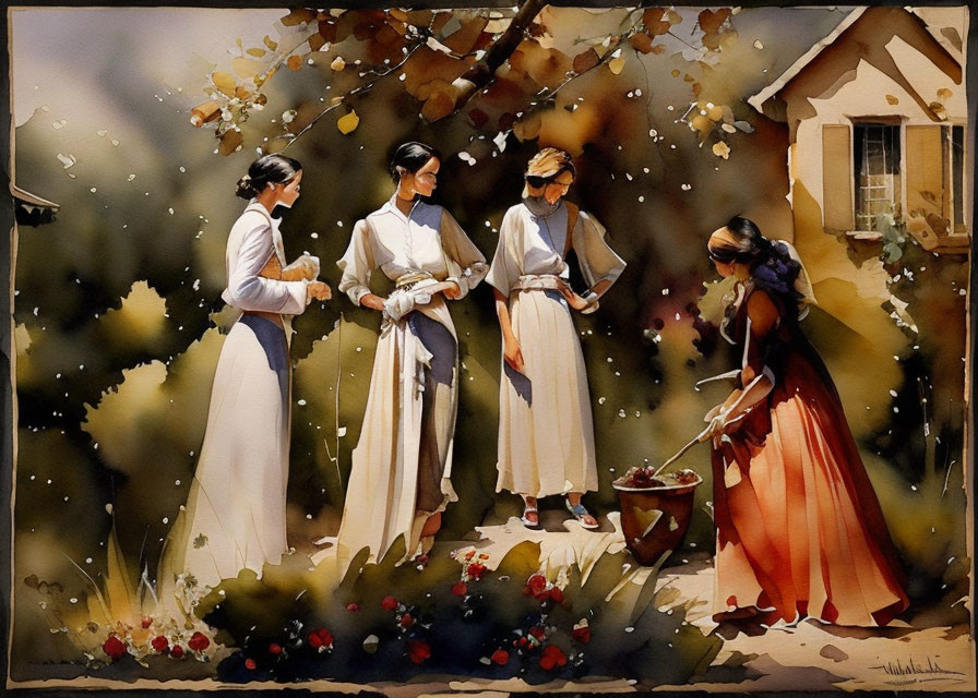 Four Women Gathering Flowers Outdoors in Traditional Attire