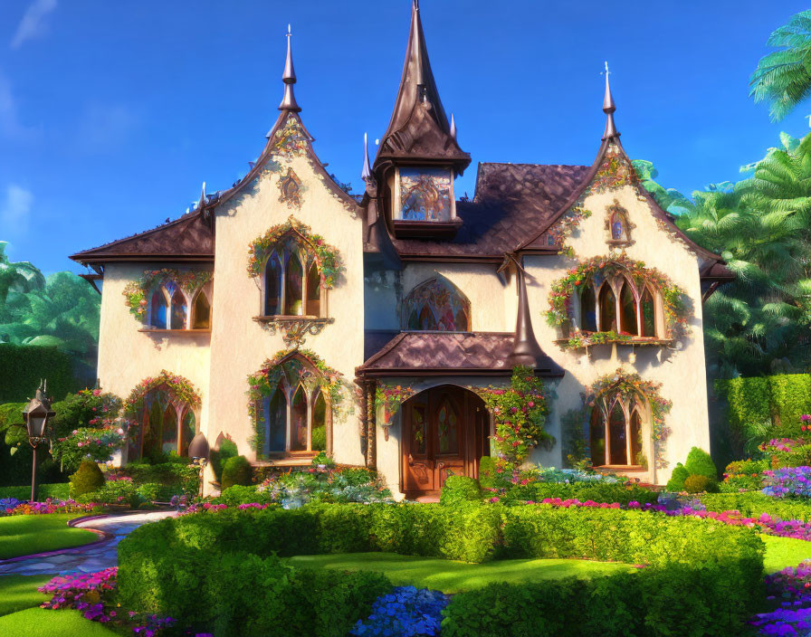 Digital art: Fairytale cottage in lush garden under blue sky