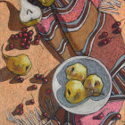 Surreal still life painting with fruits, flowers, plate, fork, and draped fabric