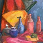 Vibrant still life painting: drapery, vases, bowl, fruits, flowers