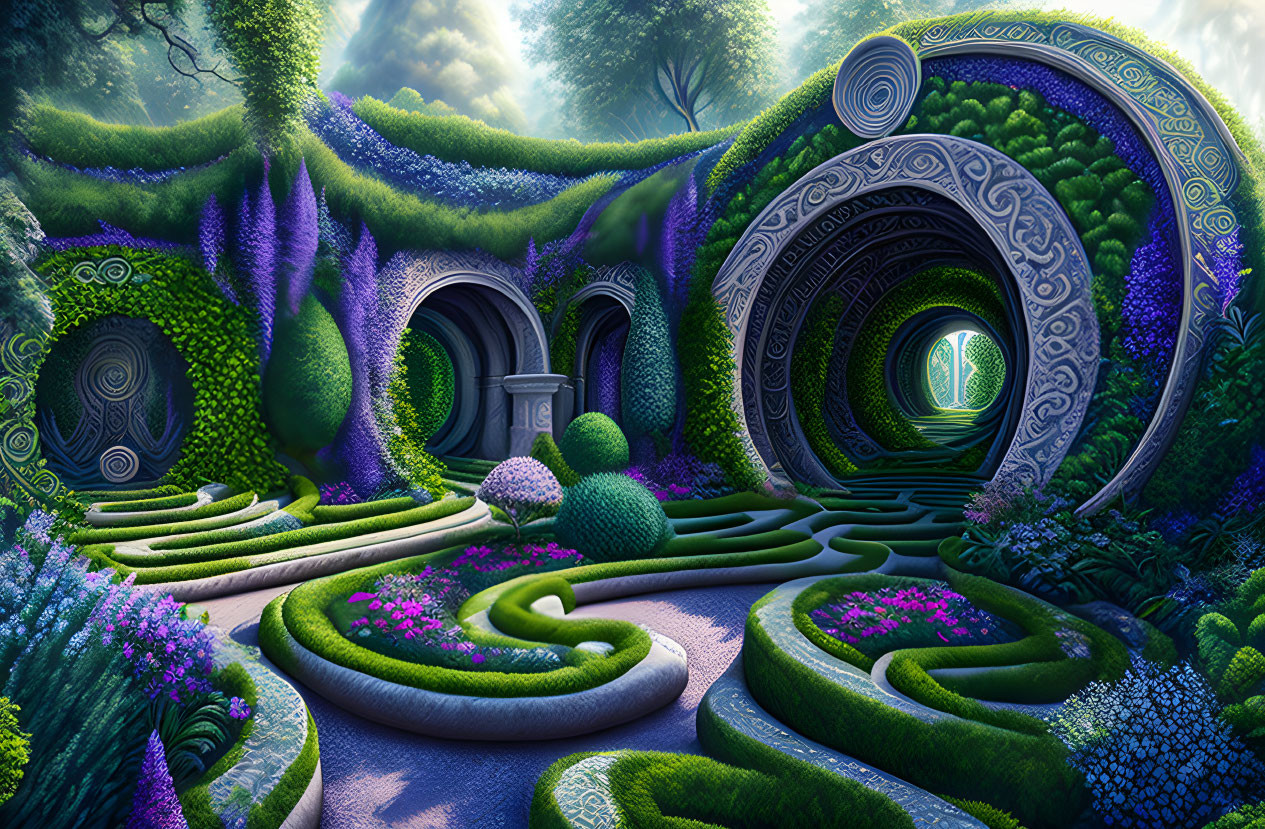 Fantastical garden with swirling topiary and enigmatic doorway