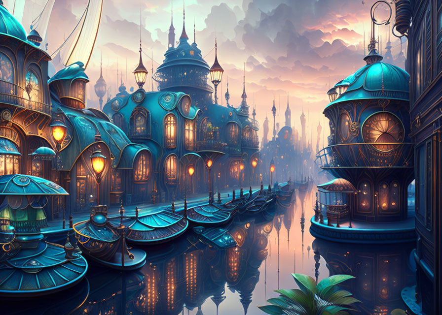 Ornate illuminated cityscape at dusk with boats on tranquil waterway