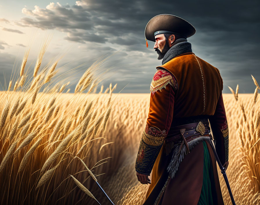 Elaborate historical dress with tricorne hat in wheat field under dramatic sky