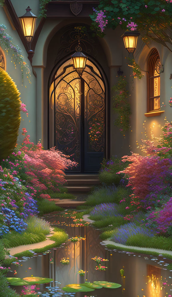 Enchanting garden path with ornate door, lush flora, lantern light, flowers, and tranquil