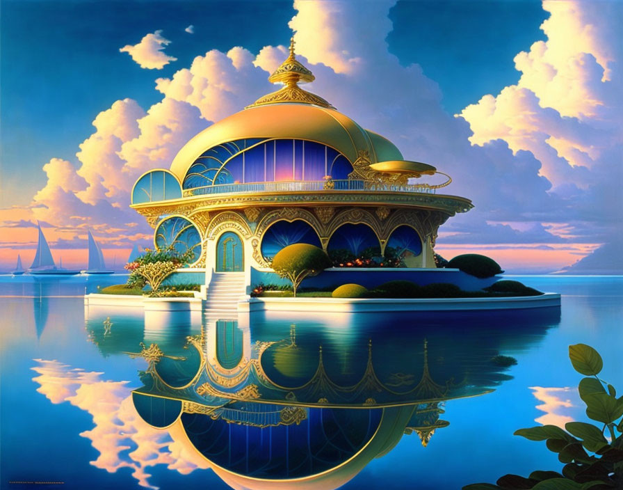 Ornate dome-shaped structure on tranquil island at dusk