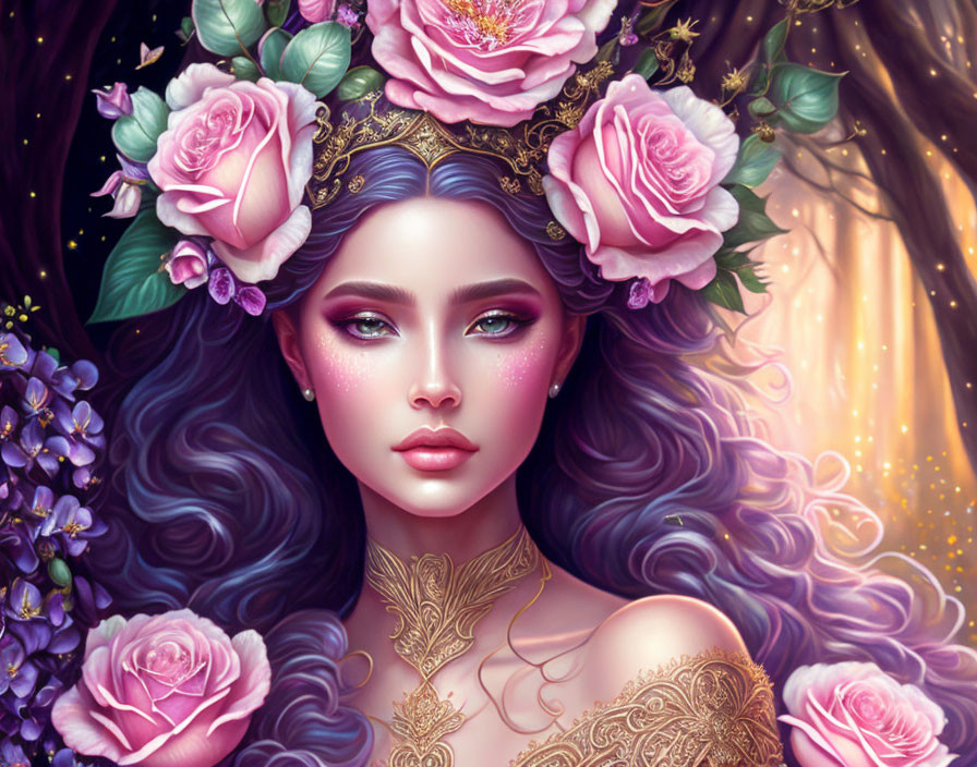 Fantasy woman portrait with violet hair and floral crown in lush setting