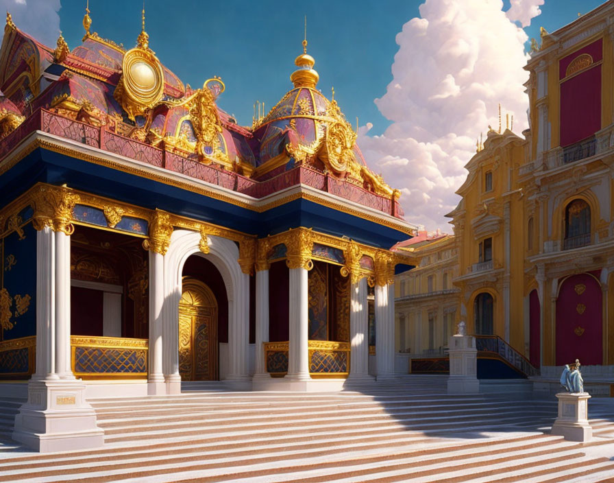 Luxurious Palace with Golden Trim, Ornate Columns, Blue and Red Walls