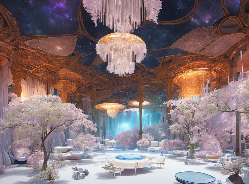 Elegant indoor hall with cherry blossoms, chandeliers, wooden ceilings, and starry sky