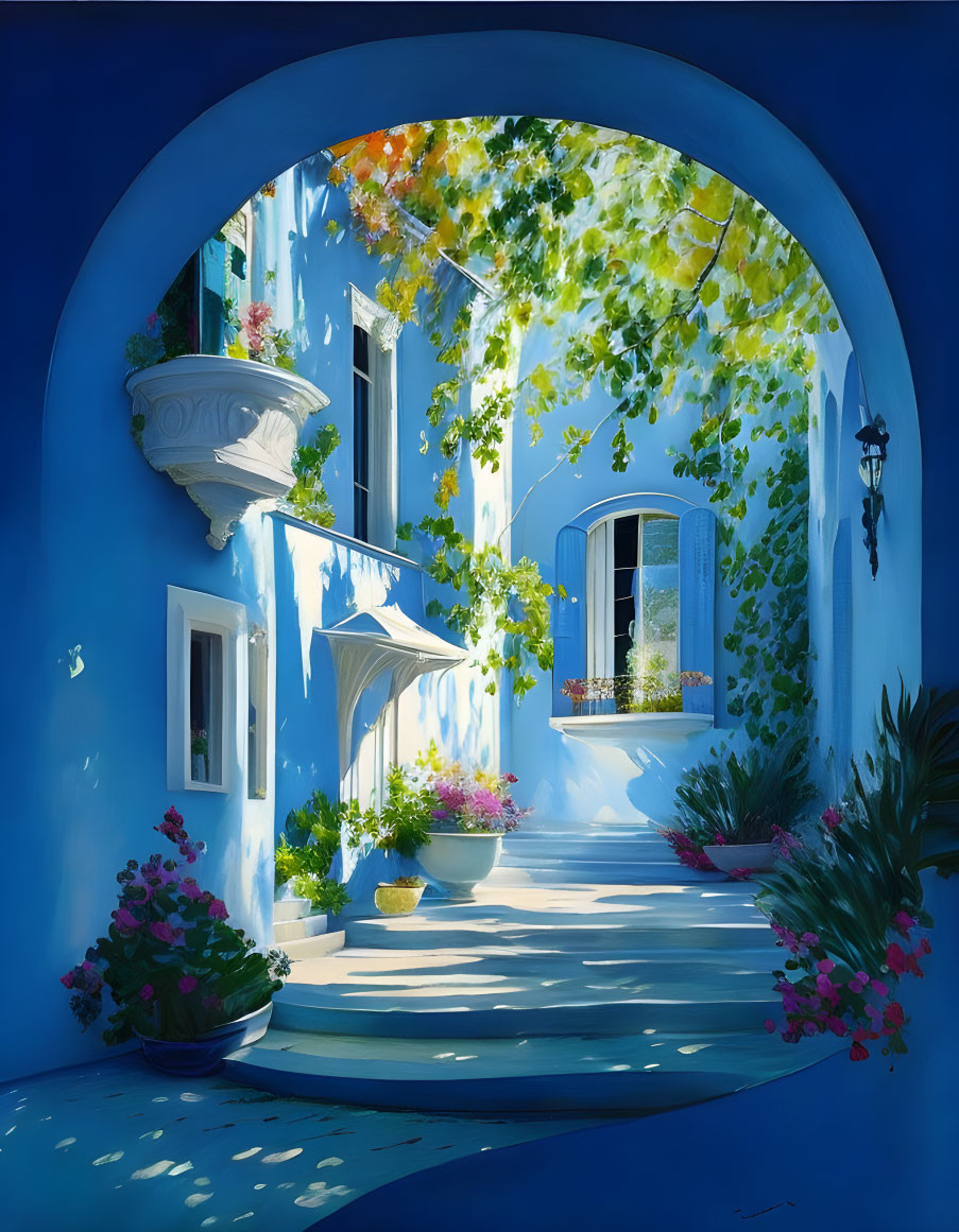 Colorful courtyard with blue walls, archway, green foliage, flowers, and sunlit balcony