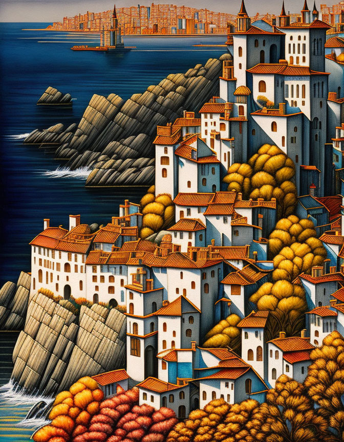 Detailed Coastal Fantasy Townscape with White Buildings and Orange Roofs