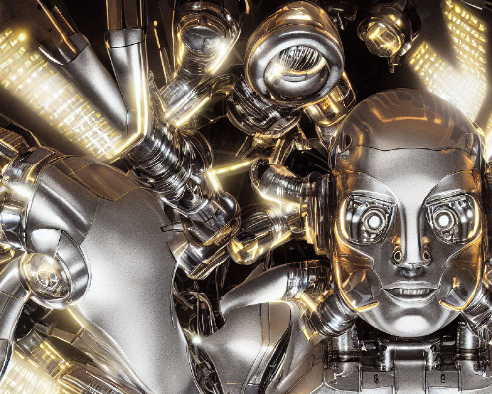 Realistic humanoid robot with detailed metallic face and illuminated components